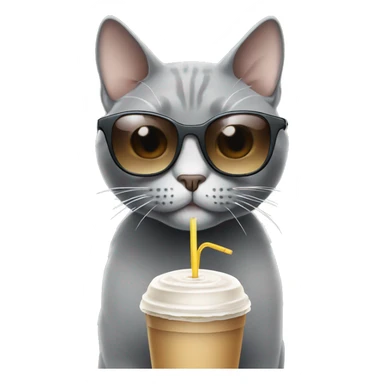Grey Cat with iced coffee wearing sunglasses sticker