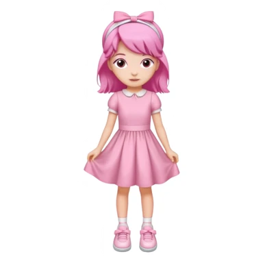 A girl wear a a pink pink dress and pink wacth and a pink hairband and a white shoes sticker