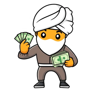 black robber holding cash, wearing a turban sticker