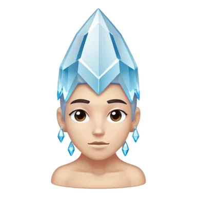 A single crystal character inspired by a clear quartz cluster, chunky base with many tall transparent crystal spikes growing upward all around it with a face sticker