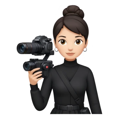 middle aged woman photographer with dark hair in a bun, wearing black clothes, carrying a canon r5 and an iPhone on a gimbal sticker