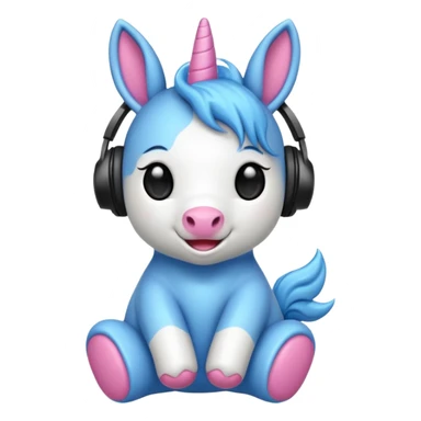 Unicornio bebé azul sentado escuchando música con auriculares negros sticker