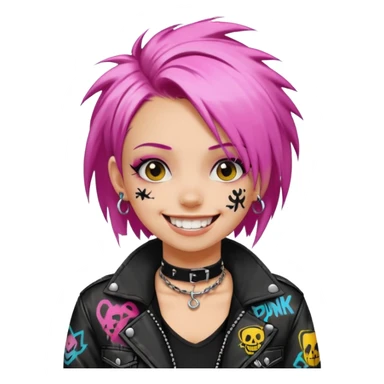 a punk girl with neck-length dyed hair and wear a punk graffiti jacket with black choker grin playfully  sticker