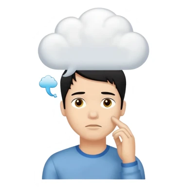A thinking black hair male person with a white empty thought cloud sticker