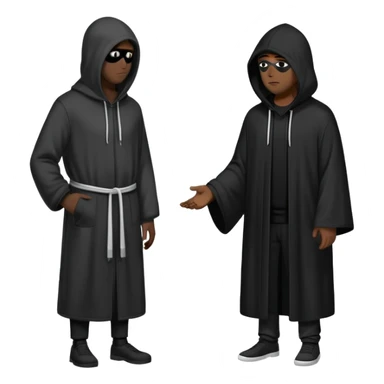 Tall black hooded figure with one eye showing, wearing a full black robe, standing indoors talking to a man in a black cap and ho sticker