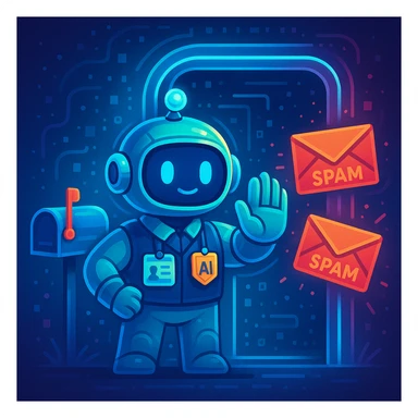 A friendly AI character as an email bouncer agent, standing at a digital doorway with a mailbox, wearing a security badge, gently blocking spam emails, futuristic and approachable sticker