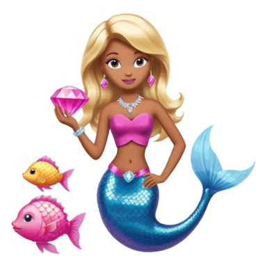 Brown skin blonde hair barbie mermaid with pink diamond tail  with pufferfish sticker