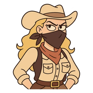 blonde woman wearing bandit outfit, bold expression, cartoon style sticker