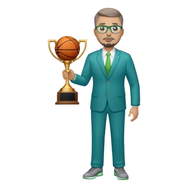 Full Body white plus size man  wearing glasses with a goatee with light brown and gray short hair basketball head Coach in blue and green suit holding trophy sticker