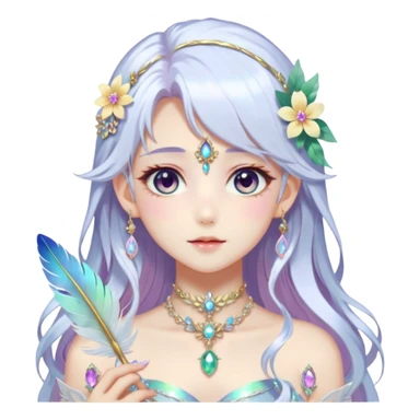 Beautiful gorgeous anime lady with beautiful iridescent-white-special-hair, fashion aesthetic, ethereal, fairycore, pastelcore, feather, flower, gems, accessories, jewelries, gold, colorful sticker