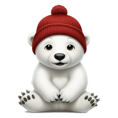 Baby Polar bear wearing a dark red beanie on top of its head. Full body of the polar bear. The polar bear is sitting down. sticker