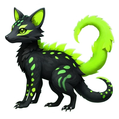 Rare realistic black edgy toxic radioactive-themed black fur with neon-lime-green-glowing  epic handsome gorgeous aesthetic vibrant Vernid-Trico-Genet-Salandit-species-hybrid-Fakemon-creature by LiLaiRa, 4 legs, 1 tail, random markings, (full body) sticker