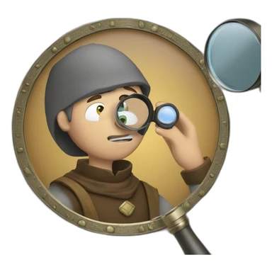 medieval coin collector, looking at a coin with a magnifying lense sticker