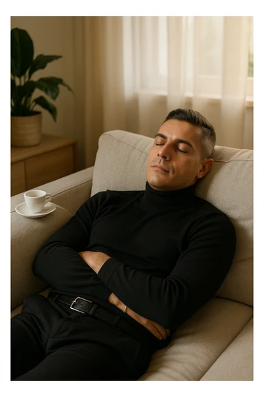 Uomo adulto in abiti casual in un ambiente domestico o ufficio tranquillo, mentre beve un caffè espresso con espressione consapevole. Subito dopo, si sdraia su un divano per un breve riposo di 20 minuti, occhi chiusi, posizione rilassata. La stanza è luminosa ma tranquilla, luce pomeridiana morbida che filtra dalla finestra. Atmosfera rigenerante e silenziosa. Accanto a lui, una tazzina vuota. Il suo viso appare calmo, in attesa del recupero energetico sticker