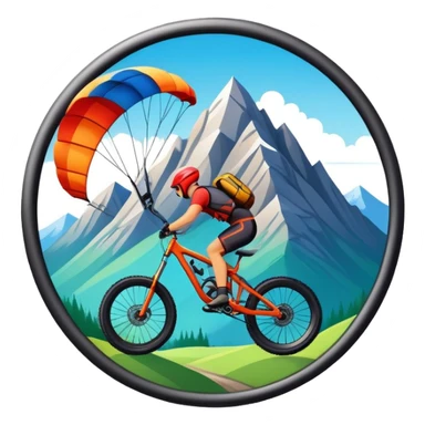 A bold, dynamic emblem combining elements of extreme sports like a mountain, a bike, and a parachute, all within a circular or shield-like shape. The design conveys speed, adventure, and adrenaline, with sharp lines and vibrant colors representing the thrill and intensity of extreme sports. sticker