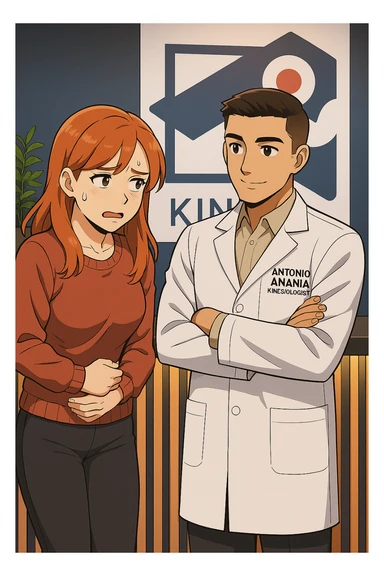 su questo stile fai un manga/webtoon a colori in cui una donna incuriosita fa una DOMANDA ALL'UOMO, l'uomo della foto in stile manga LE risponde, mantieni un ambiente simile alla foto che ho allegato con il suo logo (sarebbe il suo studio, lui è un kinesiologo), scrivigli "ANTONIO ANANIA" sul camice bianco, non mettere fumetti, ma fai in modo che sembri che la donna CHIEDA curiosa E L'UOMO le risponda sticker