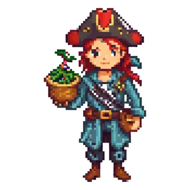 a pirate holding a treasure map, pixel art style sticker