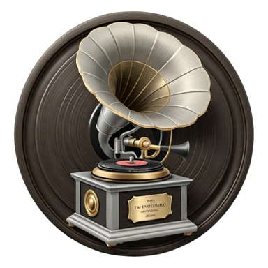 A dark metal platinum music award plaque The center features a relief of a vintage gramophone or stylized vinyl record in a slightly darker metallic tone sticker