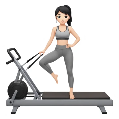 Fair-skinned black hair girl wearing grey workout set in leggings and bra doing pilates on a reformer sticker
