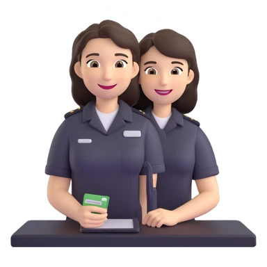 Gender-neutral cashier with shoulder-length hair, standing behind a cashier desk, smiling, wearing a neutral-colored uniform sticker