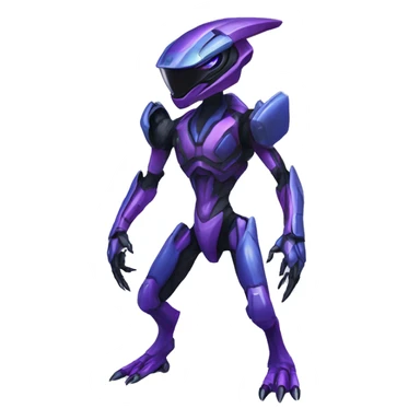a black-blue-purple Genesect-Raptor-Fakémon—hybrid with a futuristic visor-helmet full body sticker