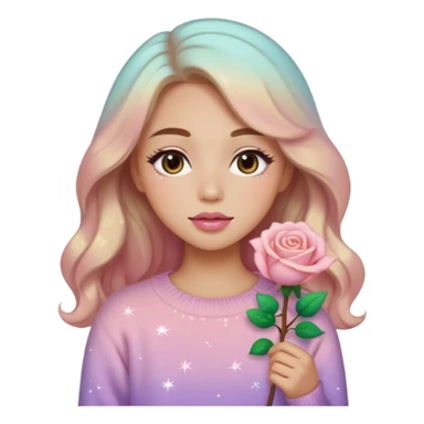 “Emoji girl, soft eyeliner, gradient rose lips, light brown shimmer eyeshadow, sparkly aegyo-sal, long wavy hair, cozy pastel sweater.” sticker