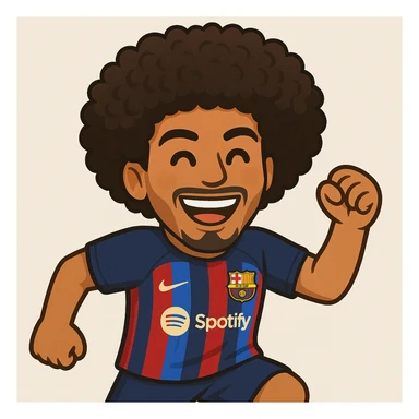 Add afro hair to Raphinha, Barcelona football player, wearing Barcelona kit, smiling, energetic pose. The style should resemble emoji style. sticker