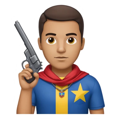 A Venezuelan with the Venezuela flag around his neck holding a gun tap sticker