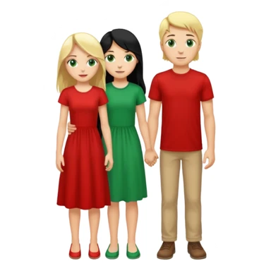 full-length couple, girl with long black hair and green eyes in red dress, boy with blonde hair in white t-shirt sticker