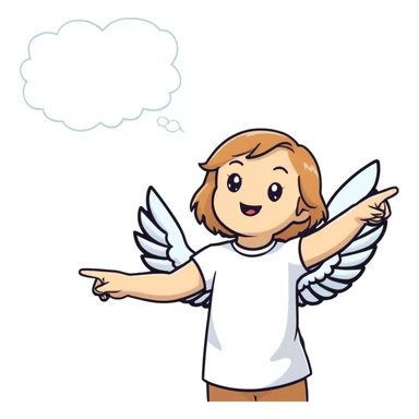 girl with light brown shoulder-length hair and white wings joyfully pointing to the sky sticker