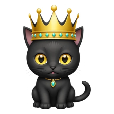 Black kitten with big yellow eyes wearing a crown sticker