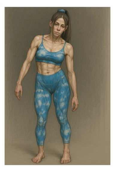 Realistic style illustration of a woman in sportswear with an asymmetric posture showing evident postural problems. The anatomy is clearly visible with muscles and joints emphasized. The background is neutral and the format is vertical, inspired by the reference photo. sticker