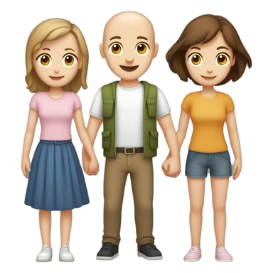 Two girls and one guy holding hands, both girls white skin, one girl brown hair, other girl no hair, guy is standing in the middle and has short brown hair sticker