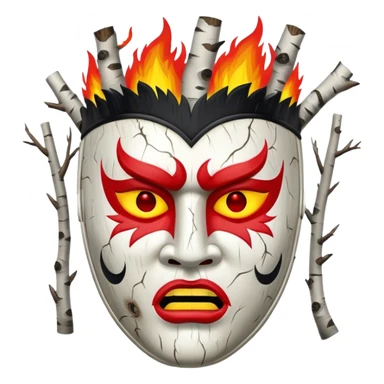 birch tree male mask in kokoshnik expressing anger, white, black and red palette, the texture has black marks, red fire at the top sticker