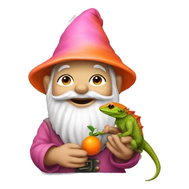 pink garden gnome holding an orange lizard sticker
