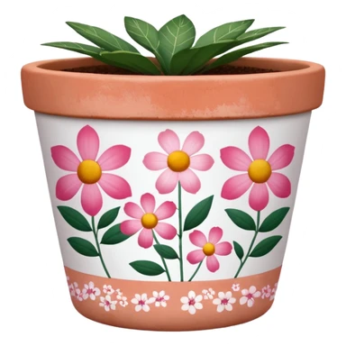 plant pot in terra cota with white and pink flowers print painted on the pot  sticker