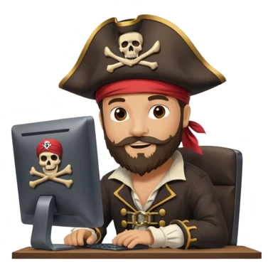 pirate captain with a beard, coding on a desktop computer, pirate flag with code symbol, cheerful and creative sticker