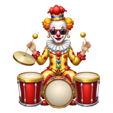 Clown with big golden chain on the neck wearing sunglasses plays drum kit full height sticker