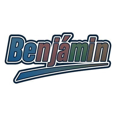 The name 'Benjámin' in a masculine, modern gradient font with precise Hungarian characters including long á and í, dark outline, extra thick, prominent white letter border, dynamic slanted underline, masculine gradient colors of blue, gray, burgundy, green, and brown, 1000x1000 px, PNG, transparent background. sticker