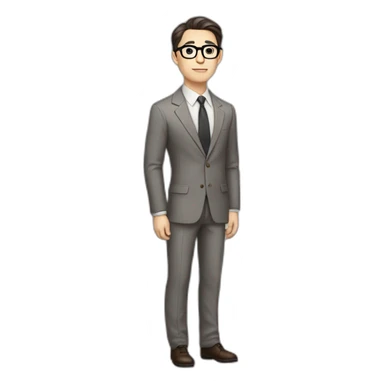 Full height Pale skinned Fit Man With dark brown hair in classic gray suit, beige office shirt, dark gray tie, and vintage glasses. His hands lock sticker