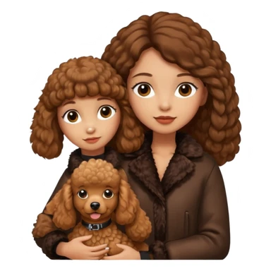 A girl who has long brown straight hair and wears a fur jacket holds a brown poodle sticker
