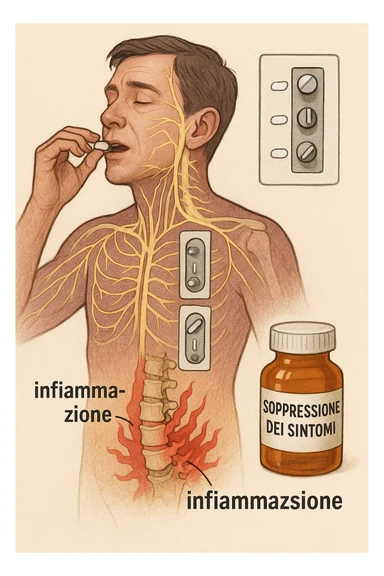 Man taking pain medication for chronic back pain, pills shown as dimmer switches turning down pain signals in transparent nervous system overlay, underlying spinal damage remaining completely untreated and worsening, expression of temporary relief masking progressive deterioration, medication bottle labeled 'symptom suppression' not 'cure', root cause inflammation continuing to spread in italiano sticker