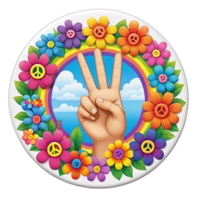 A round psychedelic colored button with a hand making the peace sign in the center surrounded by rainbow colored hippie style flowers sticker