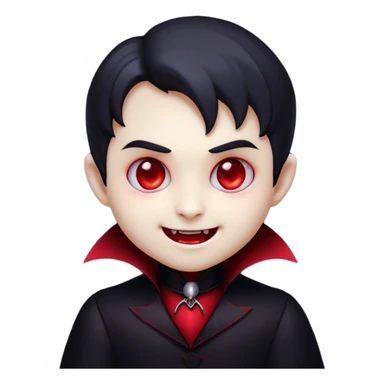 Cinematic Cute Vampire Portrait Emoji, with a refined yet playful small, rounded pale face accented by tiny, cute fangs and bright, twinkling eyes, sporting miniature elegant dark attire with a hint of crimson, simplified yet irresistibly charming, highly detailed with a soft glowing outline that captures the delightful duality of spooky sweetness and stylish allure! sticker