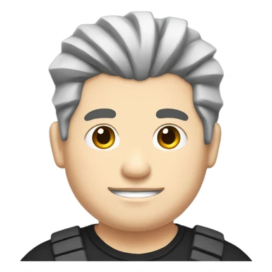 chubby chinese guy with fair skin and gray hair, man bun, black shirt and bass guitar sticker