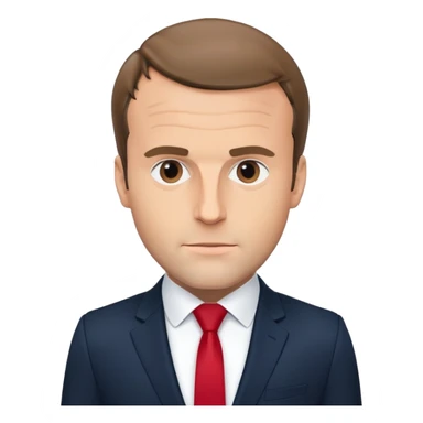 figure of Emmanuel Macron with an oversized head and small body, standing, wearing a dark navy suit and red tie, highly recognizable face, simplified details sticker