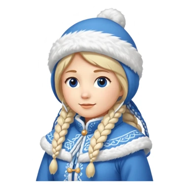 A cute Snow Maiden (Snegurochka) emoji, full body, standing in side view, wearing a traditional blue winter coat with white fur trim, long braid, and a kokoshnik-style winter hat. sticker