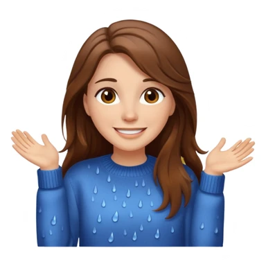 white woman with long brown hair and brown eyes, wearing a sweater, enjoying the rain sticker