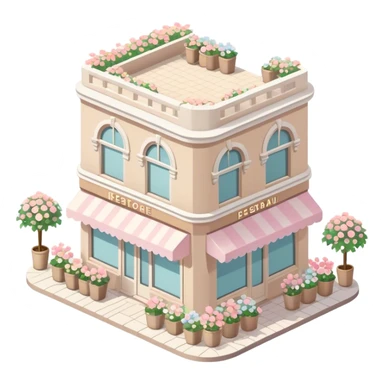 isometric exterior little beige and white restaurant with abundant pastel florals everywhere sticker