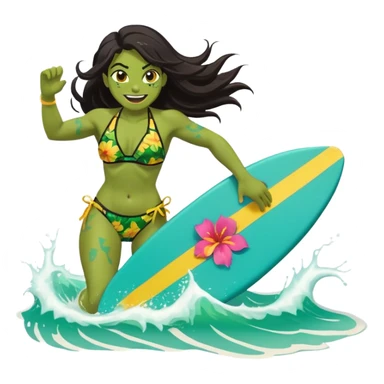 ork female holding small yellow bodyboard, running through shallow turquoise waves, muscular green body, bright floral bikini, fierce joyful grin showing tusks, long wet dark hair splashing, foam and spray, minimalist beach and ocean background, centered emoji, vibrant summer colors, sticker style sticker